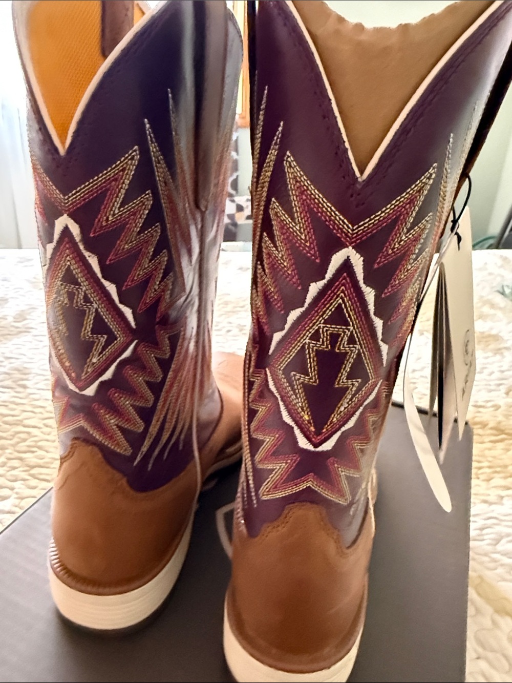 Ariat Brown Leather Cowboy Boots with Purple Embroidered Shaft - Picture 4 of 6